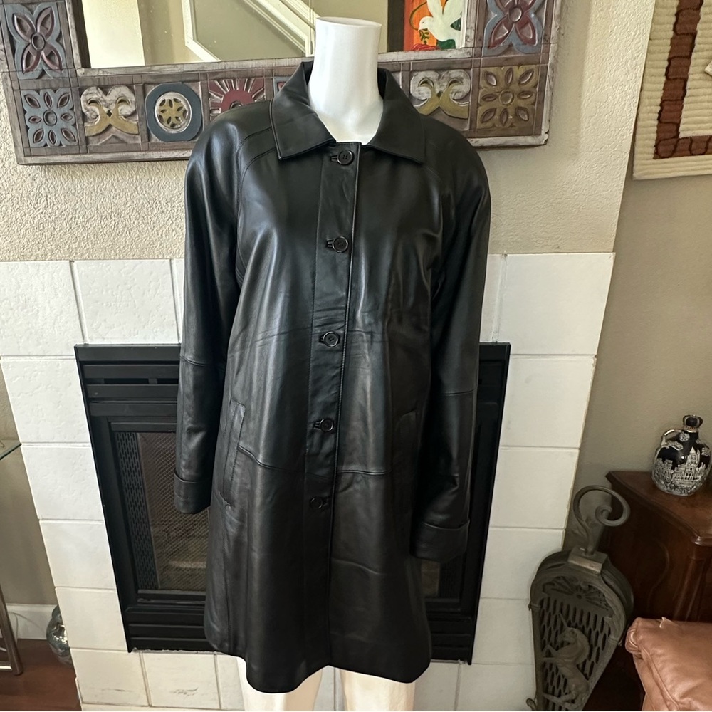 XL Excelled Collection Coat Black Leather Collared Buttons Pockets Lined VTG